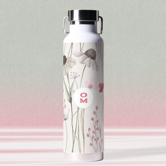 大きモダンなワイルドフラワーモノグラム淡いピンク緑 ウォーターボトル