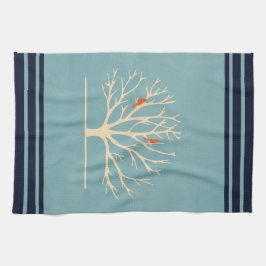 大きモダンな木のイラストレーションにオレンジバード キッチンタオル