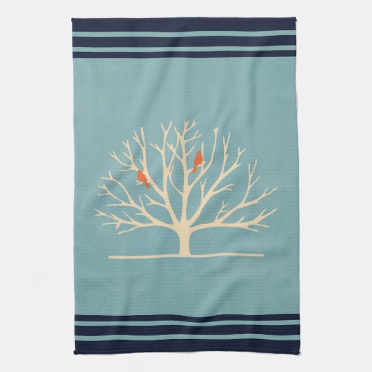 大きモダンな木のイラストレーションにオレンジバード キッチンタオル (縦)