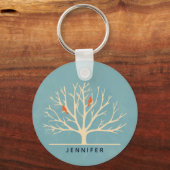 大きモダンな木のイラストレーションにオレンジバード キーホルダー (正面)