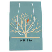 大きモダンな木のイラストレーションにオレンジバード ミディアムペーパーバッグ (正面)