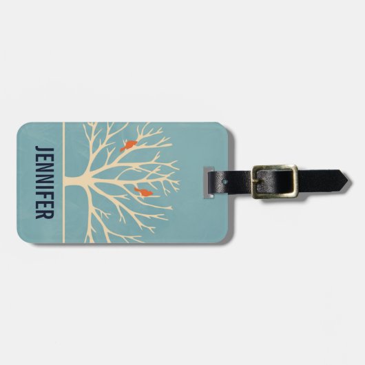 大きモダンな木のイラストレーションにオレンジバード ラゲッジタグ (正面横)