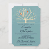 大きモダンな木の中のオレンジ色の結婚鳥 招待状 (正面)