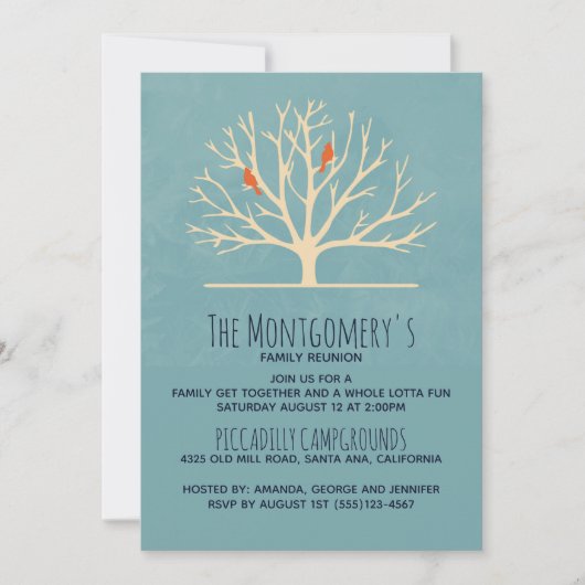 大きモダンな木の家族の懇親会にオレンジ色の鳥 招待状 (正面)