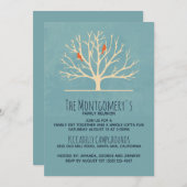 大きモダンな木の家族の懇親会にオレンジ色の鳥 招待状 (正面/裏面)