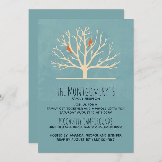 大きモダンな木の家族の懇親会にオレンジ色の鳥 招待状 (正面/裏面)