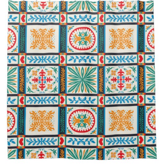 大イタリアン形タイル花と刺繍 シャワーカーテン (正面)