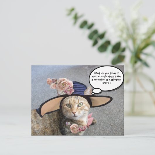 大エレガントきなDIVA帽子と猫、ピンクのバラのバレンタイン シーズンポストカード (スタンド正面)