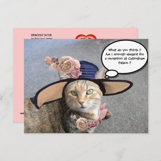 大エレガントきなDIVA帽子と猫、ピンクのバラのバレンタイン シーズンポストカード (正面/裏面)