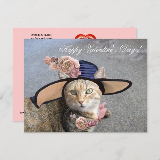 大エレガントきなDIVA帽子と猫、ピンクのバラのバレンタイン シーズンポストカード (正面/裏面)