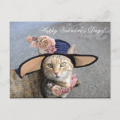 大エレガントきなDIVA帽子と猫、ピンクのバラのバレンタイン シーズンポストカード (正面)