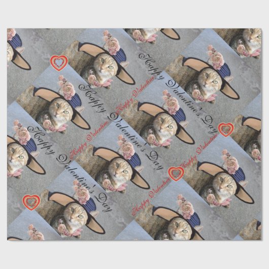 大エレガントきなDIVA帽子と猫、ピンクのバラのバレンタイン ラッピングペーパー (フラット)