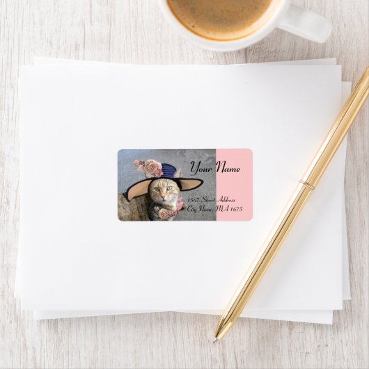 大エレガントきなDIVA帽子と猫、ピンクのバラのバレンタイン ラベル (インサイチュ)