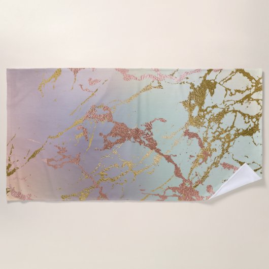 大エレガント理石 |ベージュミントセージグリーンバラ金ゴールド ビーチタオル (正面)