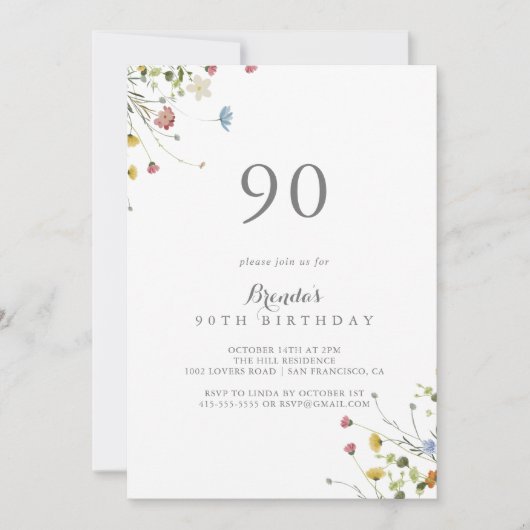 大カラフルきなワイルドフラワーズ90thバースデーパーティー 招待状 (正面)