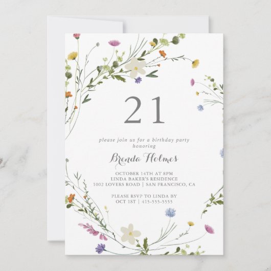 大カラフルきなワイルドフラワー21歳の誕生日パーティー 招待状 (正面)