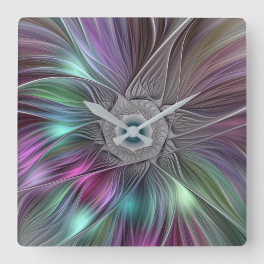 大カラフルきな花の抽象芸術モダンフラクタルアート スクエア壁時計 (正面)