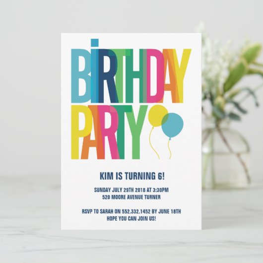 大カラフル文字子供の誕生日パーティー 招待状 (スタンド正面)