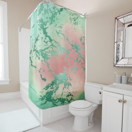 大クール理石 | ラブリーパステルコーラルアンドグリーングラデーション シャワーカーテン (インサイチュ)