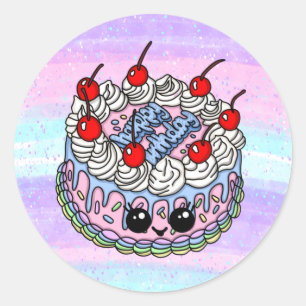 大ハッピーバースデーお洒落手描きケーキ ラウンドシール
