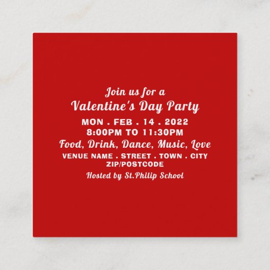 大ハートバレンタインデーパーティーチケット招待状 スクエア名刺 (裏面)