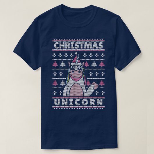 大プリントピンクユニコーン醜いクリスマスセーターF Tシャツ (デザイン正面)