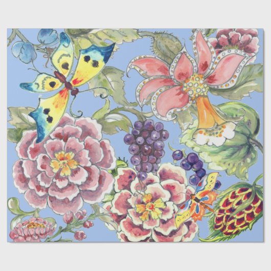 大プリント熱帯フローラブルーウォーターかわいらしカラー ラッピングペーパー (フラット)