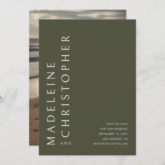 大モダン名オリーブグリーン結婚写真 セーブザデート (正面/裏面)