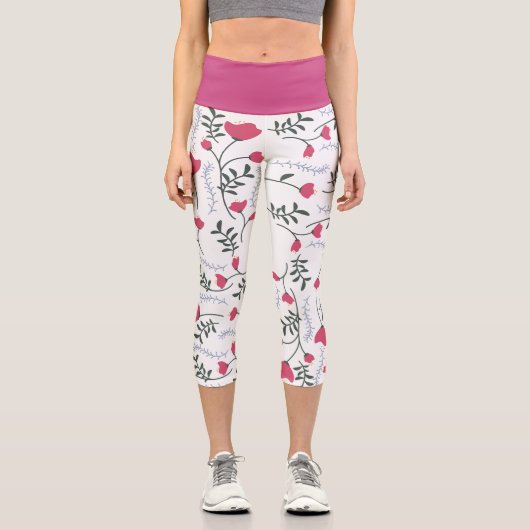 大モダン水彩赤離れ花 カプリレギンス (正面)