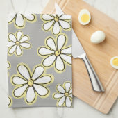 大モダン白イエローデイジーグレー キッチンタオル (四つ折り)