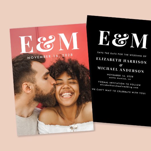 大モダン白モノグラムイニシャルフォトブラック セーブザデート