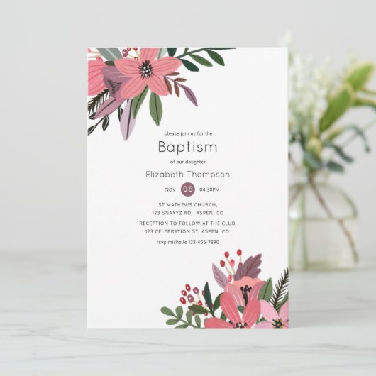 大モダン粒梅とピンクのフローラバプテスマ 招待状 (スタンド正面)