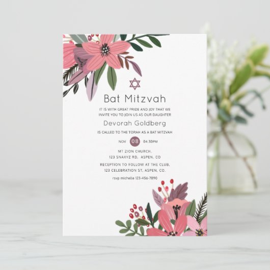 大モダン粒梅とピンクフローラバルミツワー 招待状 (スタンド正面)
