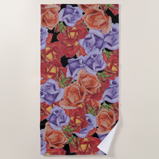 大ユニークカラフルはっきりしたバラ花フローラ ビーチタオル (正面)