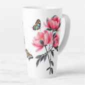 大ラテマグカップ – ピンク牡丹の花、蝶 カフェラテマグ (右アングル)