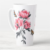 大ラテマグカップ – ピンク牡丹の花、蝶 カフェラテマグ (左アングル)