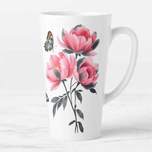 大ラテマグカップ – ピンク牡丹の花、蝶 カフェラテマグ (右)