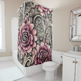 大ヴィンテージゴシック色ピンクの花柄 シャワーカーテン