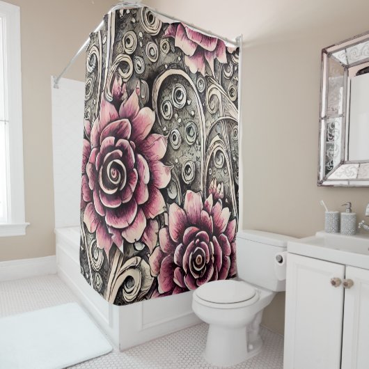 大ヴィンテージゴシック色ピンクの花柄 シャワーカーテン (インサイチュ)
