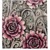 大ヴィンテージゴシック色ピンクの花柄 シャワーカーテン (正面)