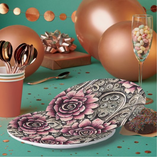 大ヴィンテージゴシック色ピンクの花柄 ペーパープレート (複数)