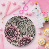 大ヴィンテージゴシック色ピンクの花柄 ペーパープレート (パーティー)