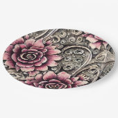 大ヴィンテージゴシック色ピンクの花柄 ペーパープレート (アングル)
