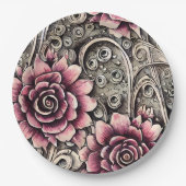大ヴィンテージゴシック色ピンクの花柄 ペーパープレート (正面)