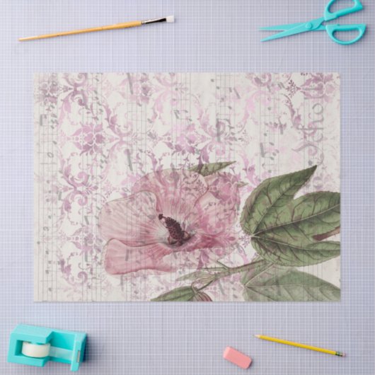 大ヴィンテージピンクの花と音楽の切り離し 薄葉紙 (クラフト)