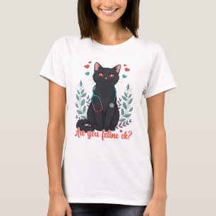 大丈夫ですかにゃ? かわいい黒猫の獣医さんジョーク Tシャツ