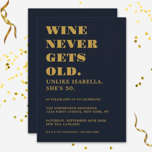 大人おもしろいユーモアのある生誕生会海軍ブルー金ゴールド 招待状