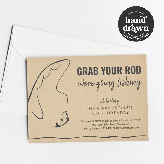 大人おもしろい魚釣り誕生日退職パーティー 招待状