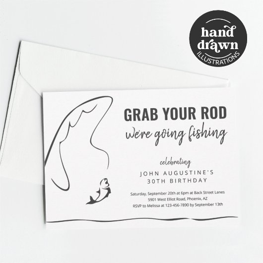 大人おもしろい魚釣り誕生日退職パーティー 招待状