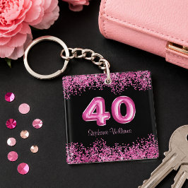 大人かっこいい黒とピンクのラメ40歳の誕生日 キーホルダー